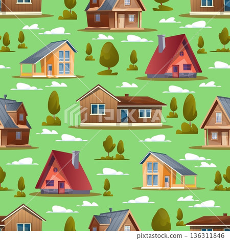 Country houses on green background. Village architecture seamless pattern. Residential building with porch and chimney. Repeated print. Mansion in nature. Vector neighborhood panorama Country houses on green background. Village architecture seamless pattern. Residential building with porch and chimney. Repeated print. Mansion in nature. Vector neighborhood panorama 136311846