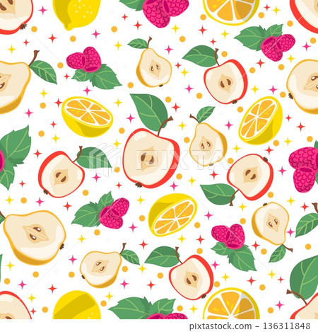 Cut pieces of fruits seamless pattern. Halves of lemon or apple. Juicy pear. Fresh raspberry with leaves. Food taste. Repeated print. Healthy vitamin food. Sweet berry. Vector background Cut pieces of fruits seamless pattern. Halves of lemon or apple. Juicy pear. Fresh raspberry with leaves. Food taste. Repeated print. Healthy vitamin food. Sweet berry. Vector background 136311848