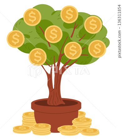 Green money tree with gold coins on branches in ceramic pot. Successful investment. Financial income and savings growth. Economy success. Plant growing in flowerpot. Vector concept Green money tree with gold coins on branches in ceramic pot. Successful investment. Financial income and savings growth. Economy success. Plant growing in flowerpot. Vector concept 136311854