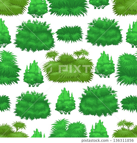 Green plants seamless pattern. Summer bushes. Shrubbery lush foliage leaves. Park grass. Trees greenery. Repeated botanical print. Natural shrubs. Landscape elements. Vector background 136311856