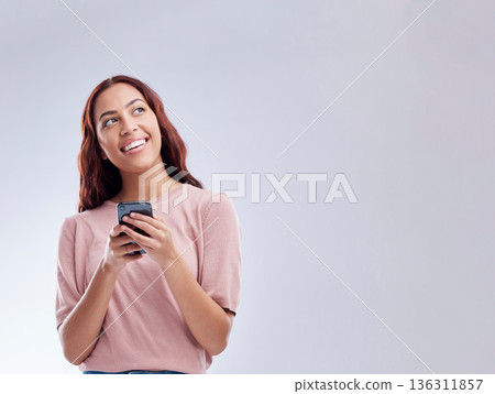 Phone or mockup or happy woman on social media thinking of online dating or chat website for texting. Smile, banner space ideas or gen z female typing on mobile isolated on studio white background 136311857