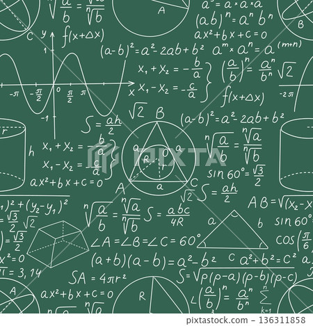 Green school board with mathematical formulas. Algebra calculations seamless pattern. Geometry graphs and trigonometry functions drawing at chalkboard. Vector blackboard background 136311858
