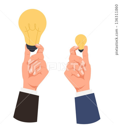 Hand holds large and small light bulb. Creative invention. Solutions compare. Businessman arm. Genius lamp. Inspiration size. Brainstorm success. Vector concept of big or small idea 136311860