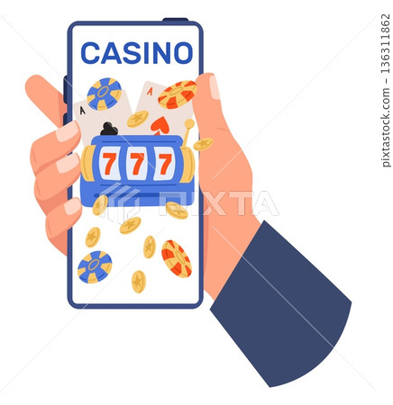 Hand holds mobile phone with online casino and slot machines on screen. Smartphone application display. Money and gamble chips betting. Gambler arm. Lucky tokens play. Vector concept Hand holds mobile phone with online casino and slot machines on screen. Smartphone application display. Money and gamble chips betting. Gambler arm. Lucky tokens play. Vector concept 136311862