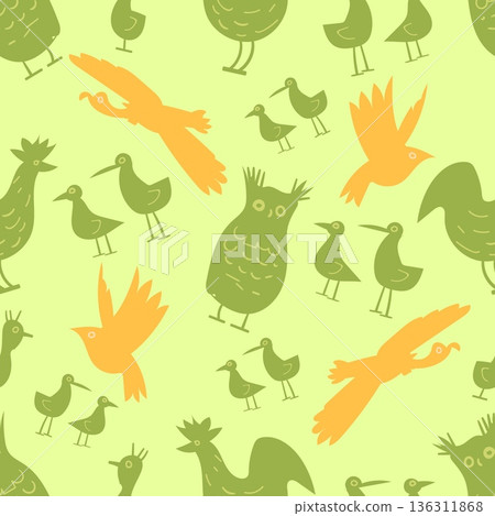Multicolored bird silhouettes seamless pattern. Doodle owl and rooster. Flying pigeon. Repeated children print. Sparrow fowl. Feather animal. Cute birdie flight. Vector flat background Multicolored bird silhouettes seamless pattern. Doodle owl and rooster. Flying pigeon. Repeated children print. Sparrow fowl. Feather animal. Cute birdie flight. Vector flat background 136311868