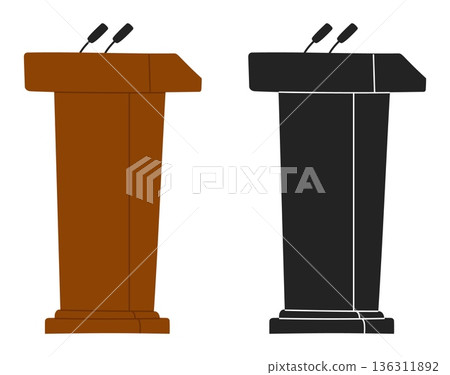 Podium icon with microphones for public speaking. Wooden stand silhouette. Press conference. Speakers tribune. Orator stage with mic. Political speech pedestal. Vector isolated set 136311892