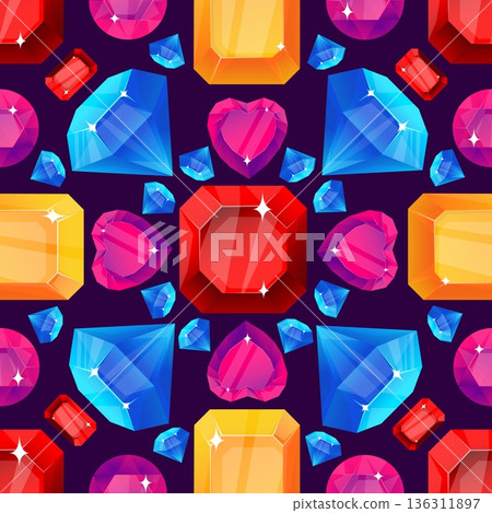 Precious stones seamless pattern. Kaleidoscopic ornament made of emeralds and rubies. Brilliant diamonds. Crystalline facets. Jewel gemstones. Heart shaped sapphires. Vector background Precious stones seamless pattern. Kaleidoscopic ornament made of emeralds and rubies. Brilliant diamonds. Crystalline facets. Jewel gemstones. Heart shaped sapphires. Vector background 136311897