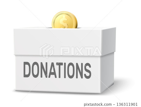 Realistic cardboard donation box with slot at top and coin. Financial aid. Humanitarian help. Volunteers support. Money sponsor. Social charity contributions. Vector isolated object Realistic cardboard donation box with slot at top and coin. Financial aid. Humanitarian help. Volunteers support. Money sponsor. Social charity contributions. Vector isolated object 136311901