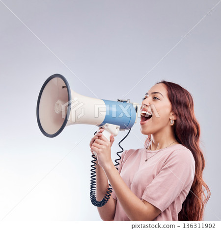 Discount, megaphone or woman shouting an announcement, speech or sale on white background. Attention, voice or girl with news or broadcast of opinion on mock up space talking on mic speaker in studio Discount, megaphone or woman shouting an announcement, speech or sale on white background. Attention, voice or girl with news or broadcast of opinion on mock up space talking on mic speaker in studio 136311902