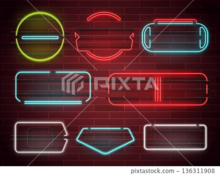 Realistic empty neon frames and signs on red brick wall. Glowing geometric borders. Blank signboards with led line lights. Advertising disco bar signage. Vector luminous billboards set 136311908
