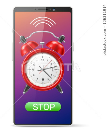 Realistic mobile phone touchscreen with red ringing alarm clock. Smartphone display. Timer alert noise. Timepiece bells. Cellphone application. Wake signal sound. Vector isolated object 136311914