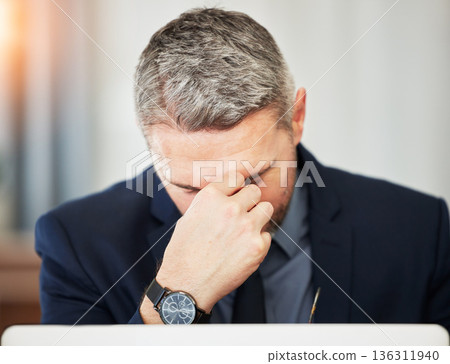 Business man, stress and headache for burnout, debt and mistake of stock market crash. Face of corporate male worker, manager and anxiety for bankruptcy problem, doubt and fail for frustrated crisis 136311940