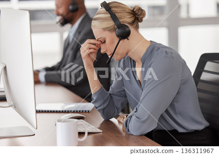 Stress, tired and call center with business woman in office for anxiety, burnout and mental health. Consulting, receptionist and customer service with employee for anger, fatigue and problem Stress, tired and call center with business woman in office for anxiety, burnout and mental health. Consulting, receptionist and customer service with employee for anger, fatigue and problem 136311967