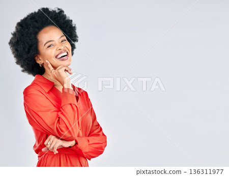 Happy, mockup and portrait of black woman on a studio background with arms crossed or pride. Smile, expert and African employee or corporate worker isolated on a backdrop with space for advertising 136311977