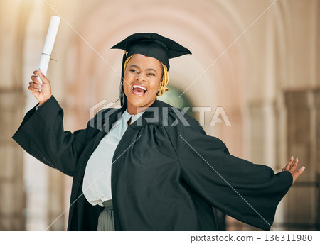University student, graduation diploma and black woman celebrate school success, college education or award certificate. Achievement cheers, portrait and African person excited for learning growth University student, graduation diploma and black woman celebrate school success, college education or award certificate. Achievement cheers, portrait and African person excited for learning growth 136311980