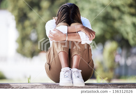 Sad, depression and student with woman in park for cry, frustrated and stress. Mental health, anxiety and fear with female person in nature for psychology, tired and fatigue with mockup space Sad, depression and student with woman in park for cry, frustrated and stress. Mental health, anxiety and fear with female person in nature for psychology, tired and fatigue with mockup space 136312026