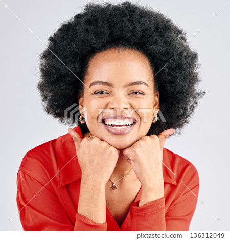 Portrait, black woman and smile with happiness, excited and cheerful girl against a white studio background. Face, female person and Jamaican model with joy, fashion and afro with positive mindset Portrait, black woman and smile with happiness, excited and cheerful girl against a white studio background. Face, female person and Jamaican model with joy, fashion and afro with positive mindset 136312049