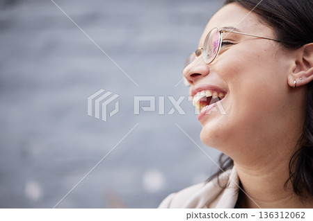 Laughing, funny and face of a woman with a smile for happiness, motivation and positive mindset. Closeup, zoom and a happy female person with cosmetics, confidence or idea on blurred background space 136312062