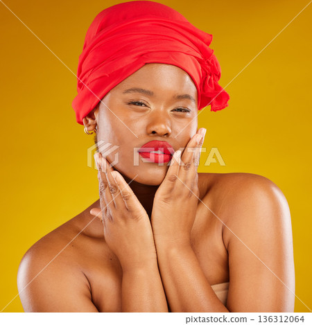 Beauty, woman and wrap with face wellness and red lips portrait and scarf for care and wellness in studio. Brown background, female person and cosmetics with African model and makeup for facial glow Beauty, woman and wrap with face wellness and red lips portrait and scarf for care and wellness in studio. Brown background, female person and cosmetics with African model and makeup for facial glow 136312064