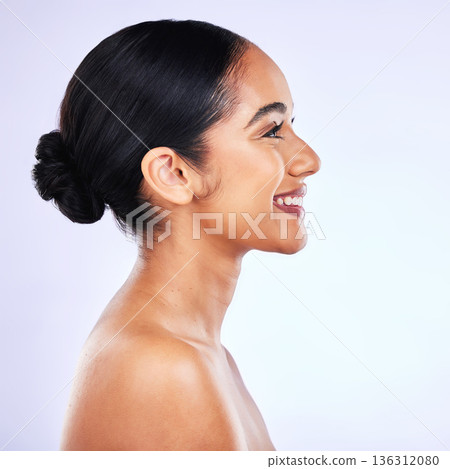 Skincare, profile and happy Indian woman in studio for body care, cosmetics and results on white background. Side, beauty and female wellness model smile for luxury dermatology, treatment or routine Skincare, profile and happy Indian woman in studio for body care, cosmetics and results on white background. Side, beauty and female wellness model smile for luxury dermatology, treatment or routine 136312080