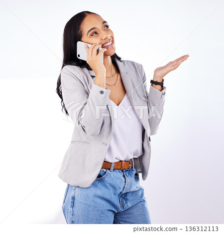 Cellphone call, studio and happy business woman, designer or person talking, speaking and listen to mobile contact. Smartphone user, conversation smile and female model discussion on white background 136312113