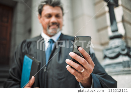 Senior attorney man, phone and street with smile, thinking and hand with ideas internet app in metro. Happy mature judge, smartphone and reading for notification, web chat and social media in city Senior attorney man, phone and street with smile, thinking and hand with ideas internet app in metro. Happy mature judge, smartphone and reading for notification, web chat and social media in city 136312121