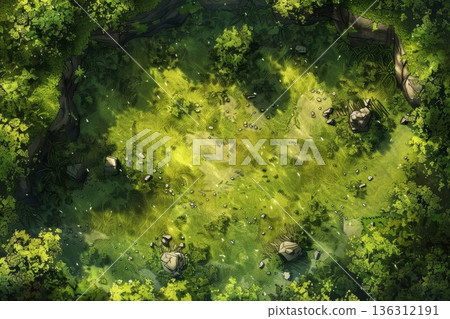 Ruins battlemap for DND features green terrain with stones and ruined walls. Great for fantasy role-playing adventures, it sets a dynamic scene for DND battles. 136312191