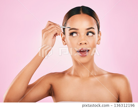 Woman, tweezers and eyebrow, beauty and cosmetics tools with transformation on pink background. Face, skin and microblading with glow, female model and hair removal, makeup and grooming in studio Woman, tweezers and eyebrow, beauty and cosmetics tools with transformation on pink background. Face, skin and microblading with glow, female model and hair removal, makeup and grooming in studio 136312196