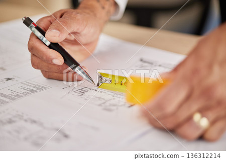 Hands, architecture and tape measure for drawing blueprint, illustration or engineering process of project. Closeup of designer with stationery for lines, property development or sketch of floor plan Hands, architecture and tape measure for drawing blueprint, illustration or engineering process of project. Closeup of designer with stationery for lines, property development or sketch of floor plan 136312214