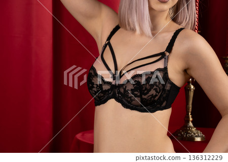Close up of woman in black lace underwear Close up of woman in black lace underwear 136312229