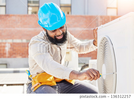 Man, technician or repair for air conditioner on rooftop in city for box or industrial labor outdoors. Maintenance, engineer or contractor fixing hcav on roof for installation or machine inspection 136312257