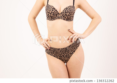 Woman posing in leopard print lingerie set in studio Woman posing in leopard print lingerie set in studio 136312262