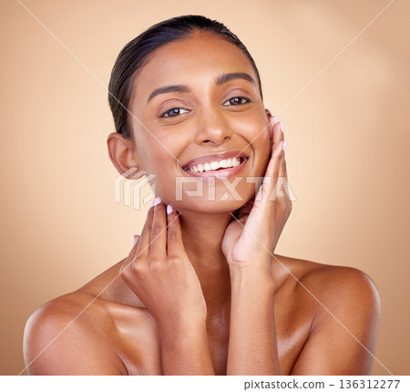 Portrait, skincare and woman with cosmetics, smile and dermatology on a brown studio background. Face detox, female person or model with makeup, shine or glow with luxury, self care or natural beauty Portrait, skincare and woman with cosmetics, smile and dermatology on a brown studio background. Face detox, female person or model with makeup, shine or glow with luxury, self care or natural beauty 136312277