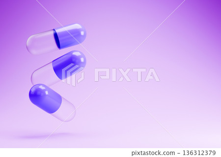 Purple medical pills on a light violet 3D background 136312379