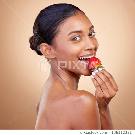 Eating, strawberry and portrait of woman for skincare, natural beauty or benefits from healthy nutrition, diet and fruit. Girl, food and vitamin c for skin to glow, shine or wellness of body 136312381