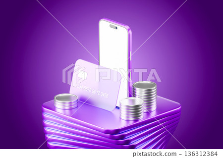 Smartphone with purple gift box and coins in 3D 136312384