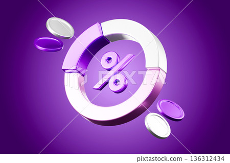 Purple percent sign with coins on violet platform 136312434