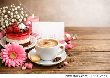 Holiday greeting template featuring morning coffee, dessert, flowers and candle with blank card. Holiday greeting template featuring morning coffee, dessert, flowers and candle with blank card. 136312441