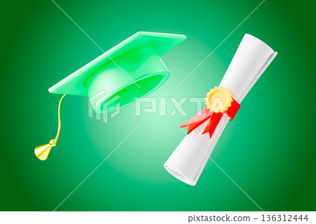 Graduation cap and diploma on a green 3D background Graduation cap and diploma on a green 3D background 136312444