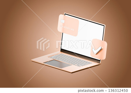 Laptop with credit card on light green background 136312450