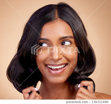 Beauty, smile and hair care with face of woman in studio for shampoo, salon and hairstyle. Skincare, cosmetics and growth with face of female model on brown background for makeup, glow and spa Beauty, smile and hair care with face of woman in studio for shampoo, salon and hairstyle. Skincare, cosmetics and growth with face of female model on brown background for makeup, glow and spa 136312490