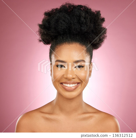 Smile, beauty and portrait of a black woman for skincare, wellness and dermatology. Happy, cosmetics and a headshot of a young girl or model with facial makeup isolated on a pink background in studio 136312512
