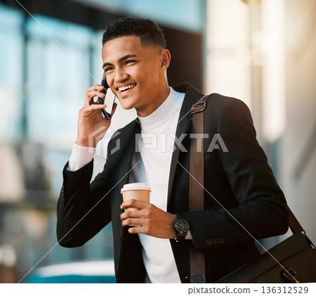 Phone call, coffee and a business man walking in the city on his morning commute for corporate work. Mobile, smile and a happy young male employee drinking tea while in an urban town for travel Phone call, coffee and a business man walking in the city on his morning commute for corporate work. Mobile, smile and a happy young male employee drinking tea while in an urban town for travel 136312529