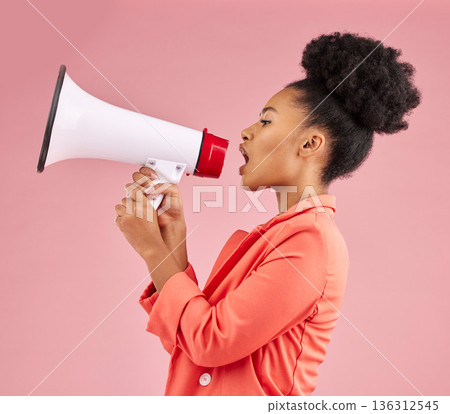 Black woman, megaphone or announcement in studio on pink background for freedom of speech, noise and breaking news. Female model, shouting and voice for attention, audio speaker and broadcast opinion 136312545