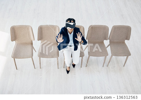 Virtual reality, glasses and business woman in waiting room chair, Human Resources software or high tech interview. VR, vision and HR person in user experience, futuristic and digital hiring above 136312563