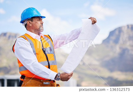 Engineering man, floor plan and outdoor construction, planning and project management in city. Analysis, property blueprint and contractor, manager or person with design paper, ideas and architecture Engineering man, floor plan and outdoor construction, planning and project management in city. Analysis, property blueprint and contractor, manager or person with design paper, ideas and architecture 136312573