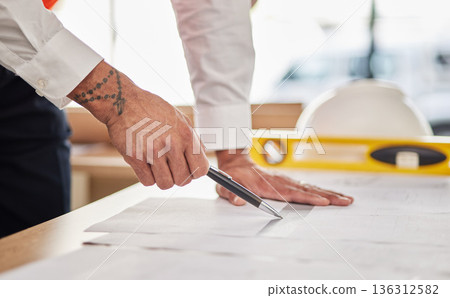 Hands, architecture and pen for drawing blueprint, project illustration or engineering process. Closeup, man or designer at documents, floor plan or paper to sketch renovation of building development Hands, architecture and pen for drawing blueprint, project illustration or engineering process. Closeup, man or designer at documents, floor plan or paper to sketch renovation of building development 136312582