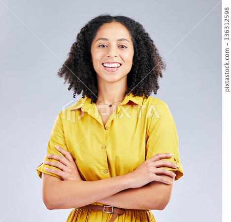 Happy, arms crossed and portrait of business woman in studio for professional, creative and designer. Pride, startup and smile with employee on white background for career, entrepreneur and mockup 136312598