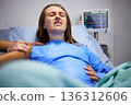 Pregnant woman, hospital and delivery with push, holding hands and support in bed, baby and pain. Strong mother, labor and helping hand in clinic bed for infant child, motivation and new life 136312606