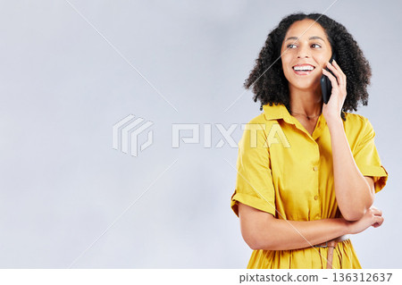 Woman ideas, phone call and thinking of communication, happy decision and advice on white background or mockup. Information, job inspiration or opportunity of young african person on mobile in studio 136312637